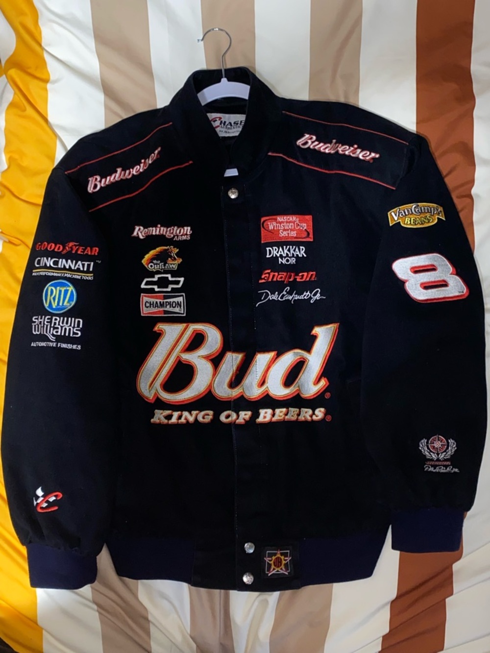 Chase Authentics Black Budweiser Logo Racing Bomber Jacket Dale Earnhardt Jr
